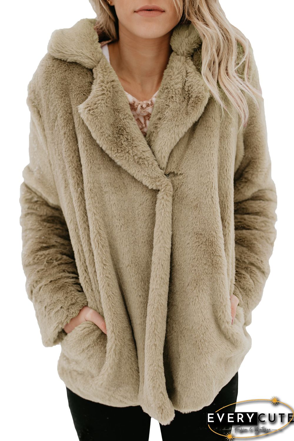 Khaki Pocket Style Fluffy Winter Coat
