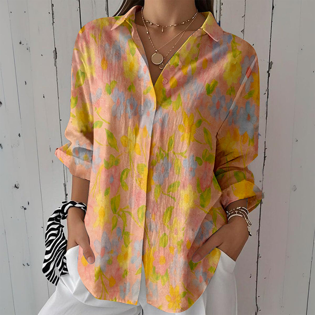 Women Long Sleeve V-neck Graphic Floral Printed Top