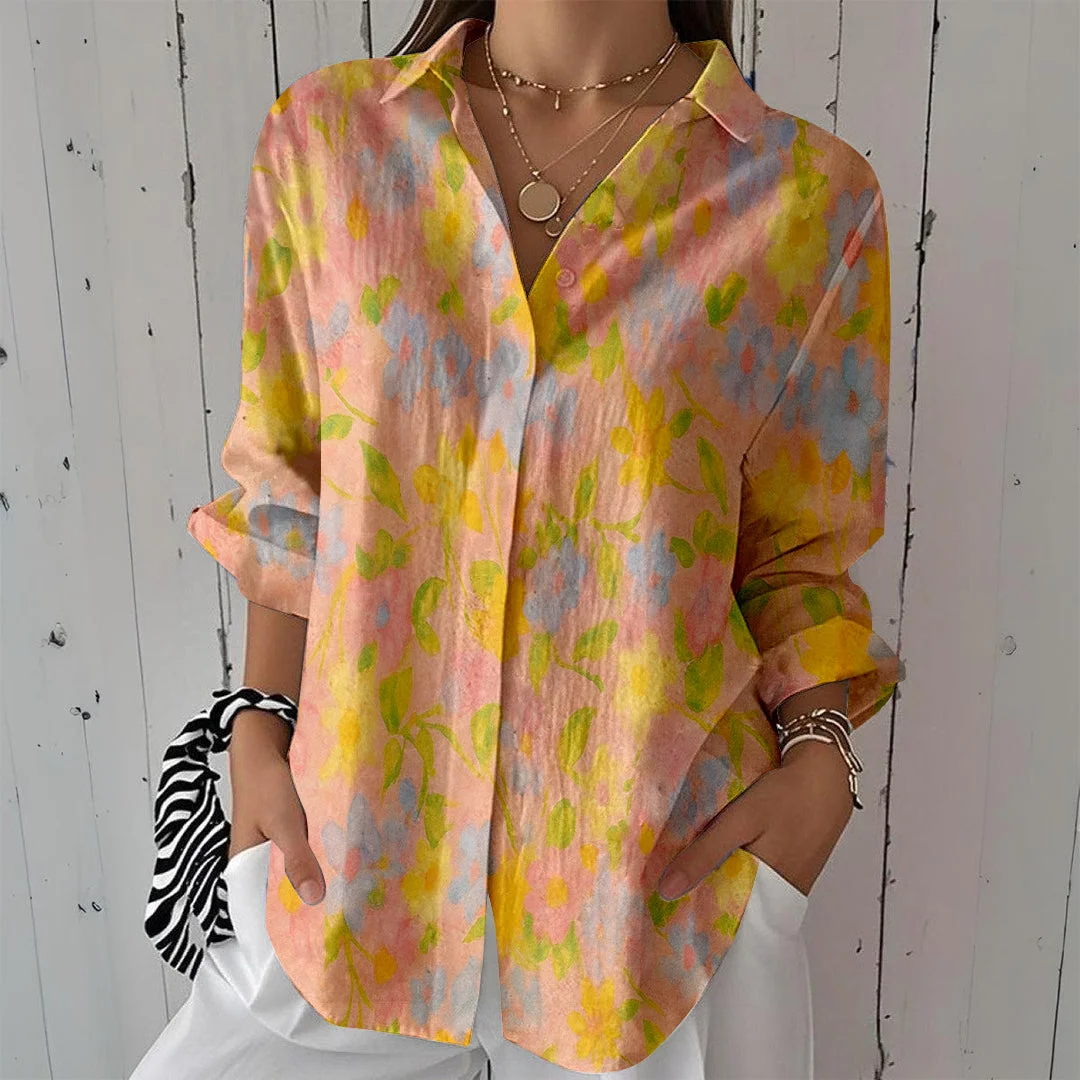 Style & Comfort for Mature Women Women Flowers, Oil Painting, Color, Yellow DZCL0466 3/4 Sleeve Shirt Collar Printed Button Tops