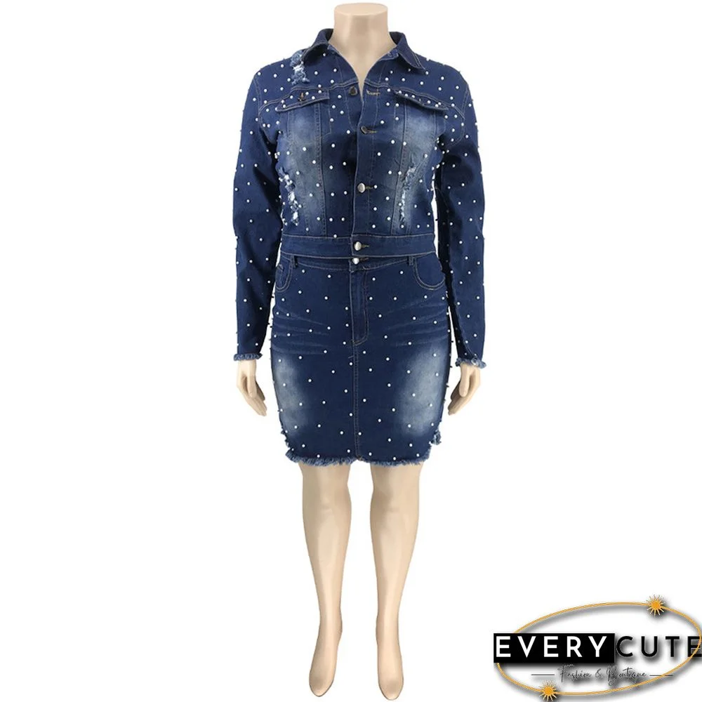 Women Broken Holes Nail Bead Skinny Denim Skirts Plus Size 2 Pieces Set