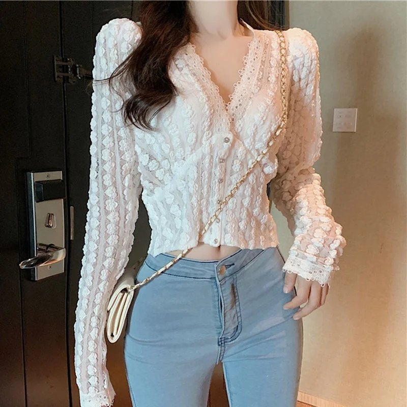 2022 Spring New Korean Style Short White Lace Shirt Women V-neck Long Sleeve Cardigan Vintage Women Blouses Elegant Blusas 11841
