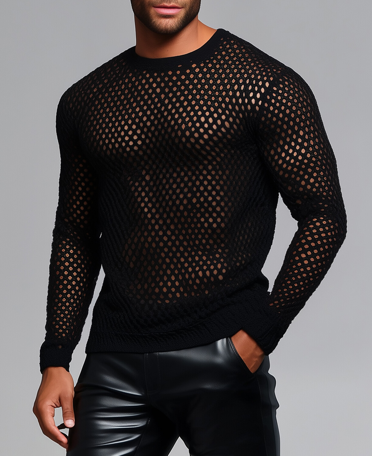 Okaywear Fishnet Knitted See-Through Long Sleeve T-Shirt