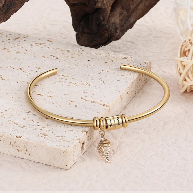 Women Bangle Bracelet with Leaf and Beads Engraved 2 Names Gifts for Mother
