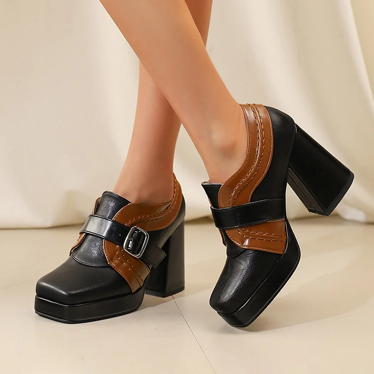Colorblock Patchwork Strap Buckle Square Toe Chunky Heels