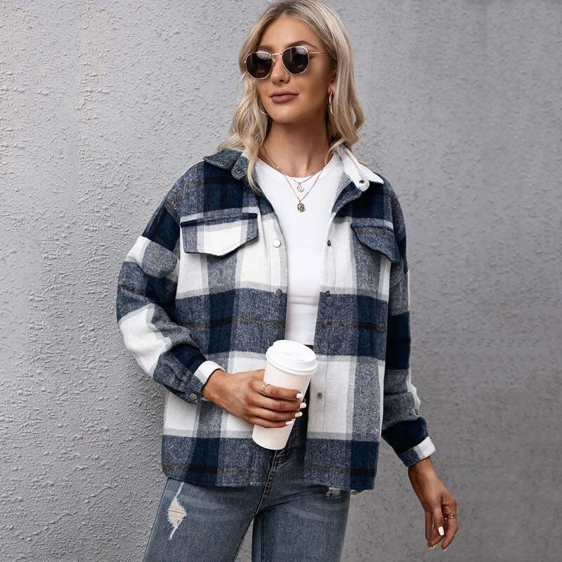 Autumn Plaid Shirts Oversize Checkered Jacket Women Loose Style Outerwear Fashion Streetwear  Long Sleeves Thick Shirt Jacket