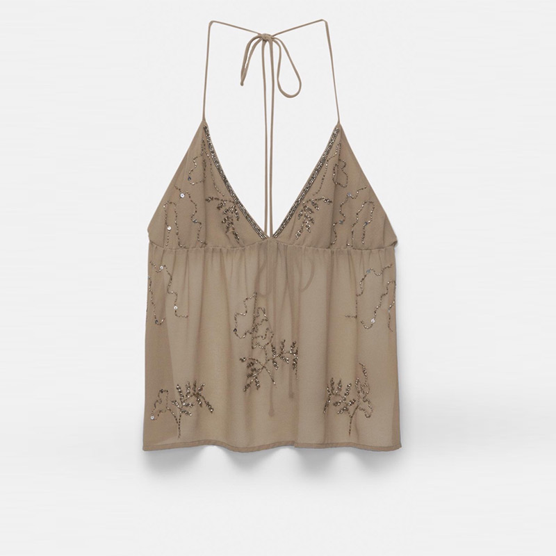 Tisones Bead Studded Women Halter Top Sequin Straps Large Backless Lace Up Sexy V-Neck Vest Suspender Mesh Micro perspective Tank Blouse