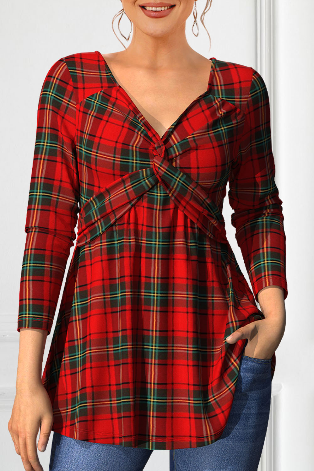 Flycurvy Plus Size Christmas Red Plaid Twist Knot Front Tunic Blouse 2024 - Flycurvy 
