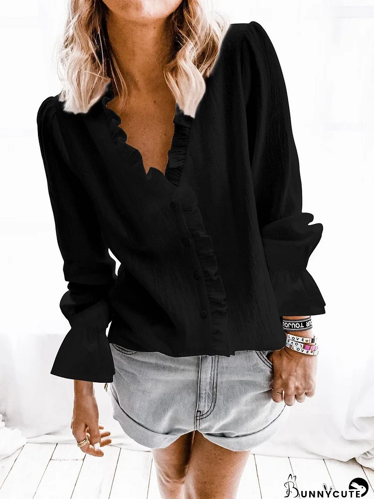 V neck Cotton Casual Bishop Sleeves Shirt