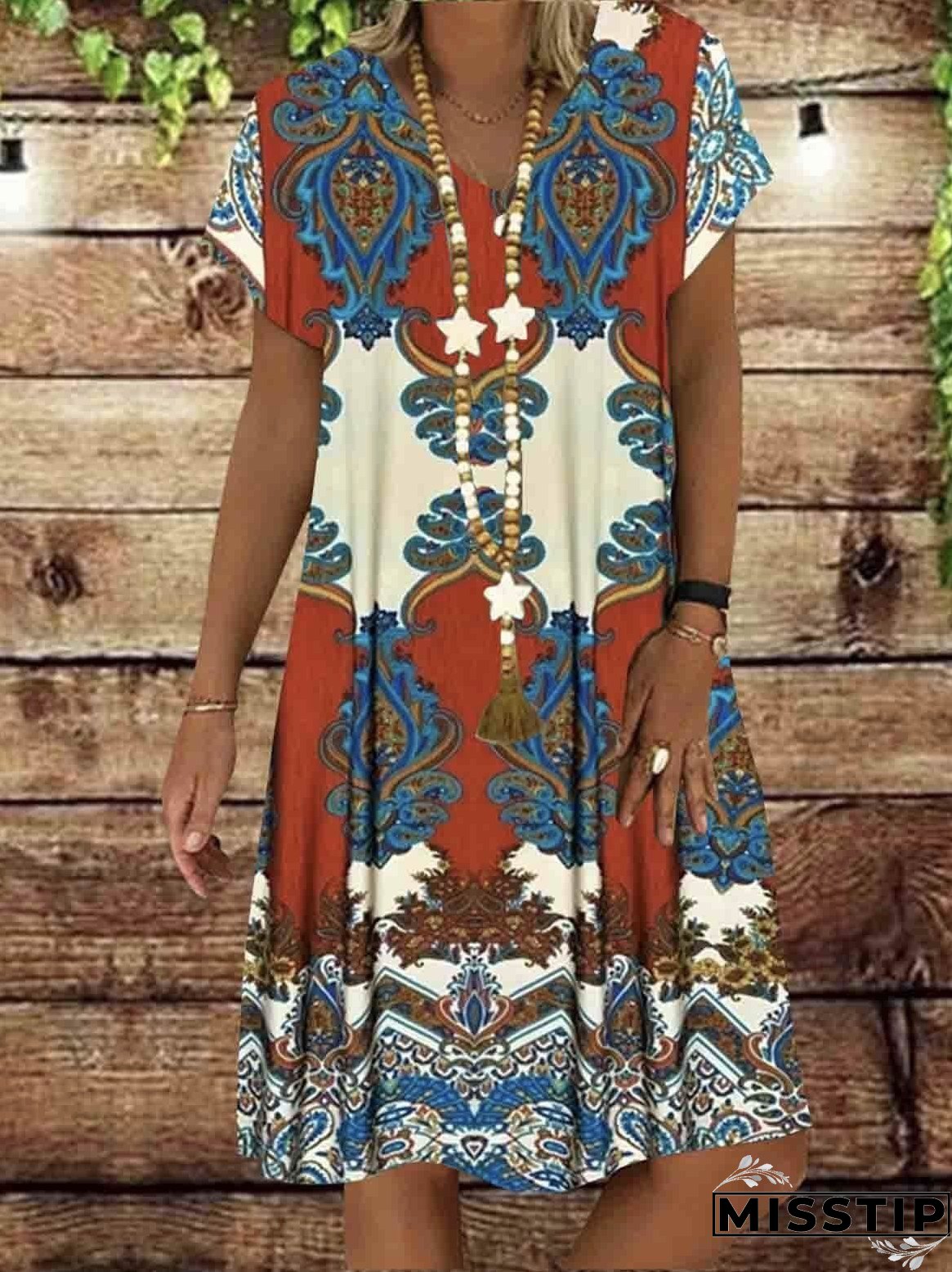Summer New Short-sleeved Printed Dress Mid-length A-line Skirt