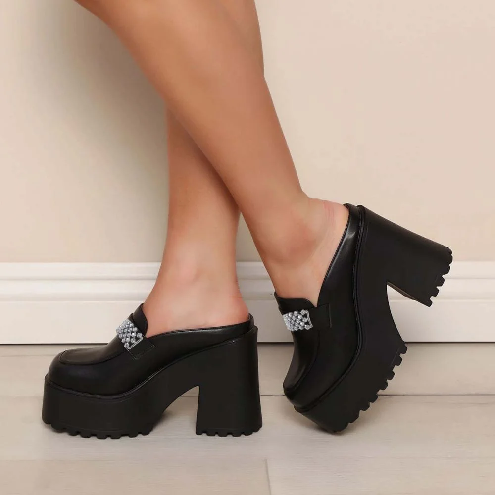 Black Closed Toe Leather Mules Chunky Heels Platform Casual Shoes Nicepairs