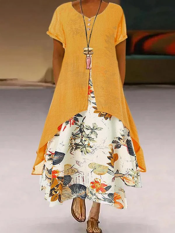 Cotton Linen Printed Round Neck Faux Two Dresses-Mayoulove