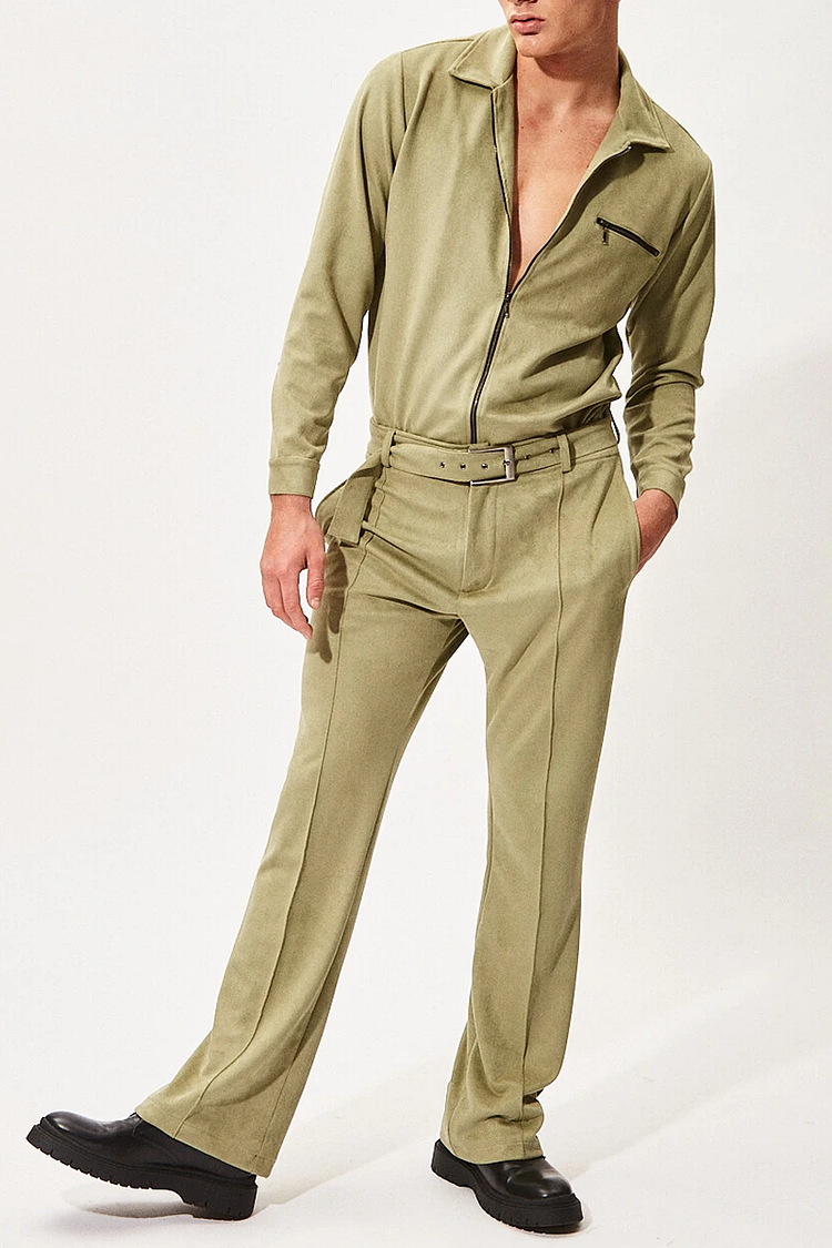 Casual Zipper Loose Fit Shirt Pants Two Piece Set With Belt [Pre-Order]