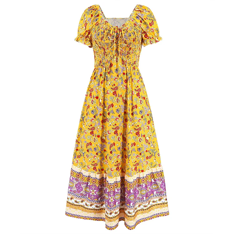 Women's Boho Beach Dress Waist-Drawstring Bubble Sleeve Belted V-Neck Dress
