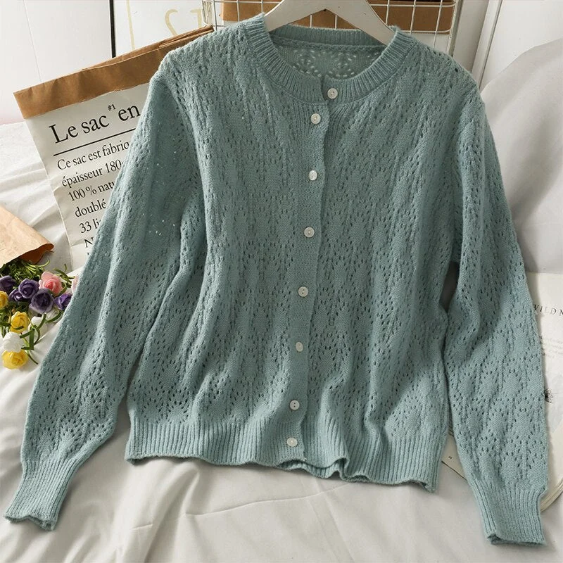 Syiwidii Button Up Sweater Women Summer 2021 Hollow Out O Neck Long Sleeve Knitted Shirts Clothing for Women Green Yellow White