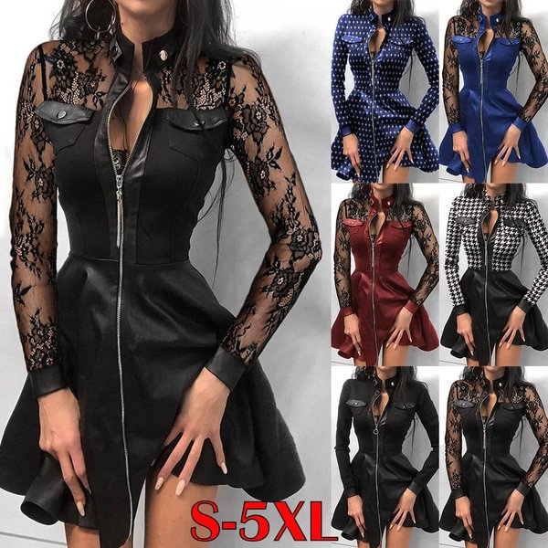 Fashion New Women Casual Black Long Sleeve Mesh Lace Patchwork Zipper Vestidos PU Leather Robe Knee Length Tunic Dress Plus Size XS-5XL - Shop Trendy Women's Fashion | TeeYours