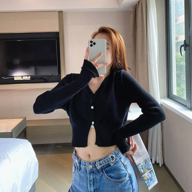 Solid Slim Thin Long Sleeve Knitwear Tops Women V Neck Short Knitted Cardigan Jacket Sweaters Korean Clothing Blusa