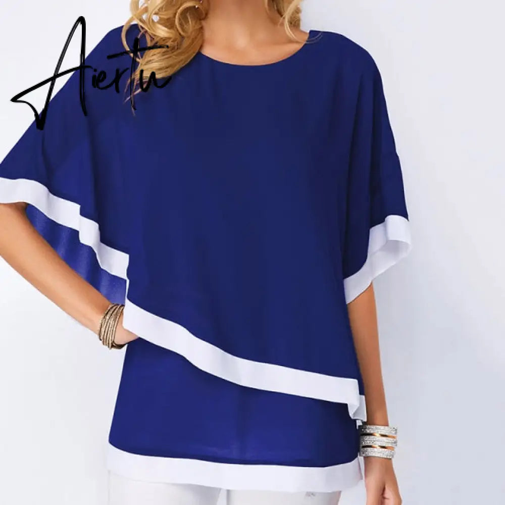 Summer Chiffon T-shirts Women's Bat Sleeves Irregular T Shirt Women Clothing Stitching Half Sleeve Tee Shirt Top Aiertu