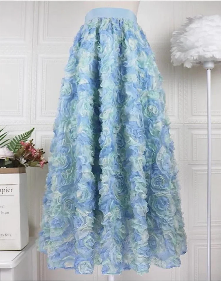 Elegant Blue Embroidered Floral Elastic Waist Tulle Maxi Skirt