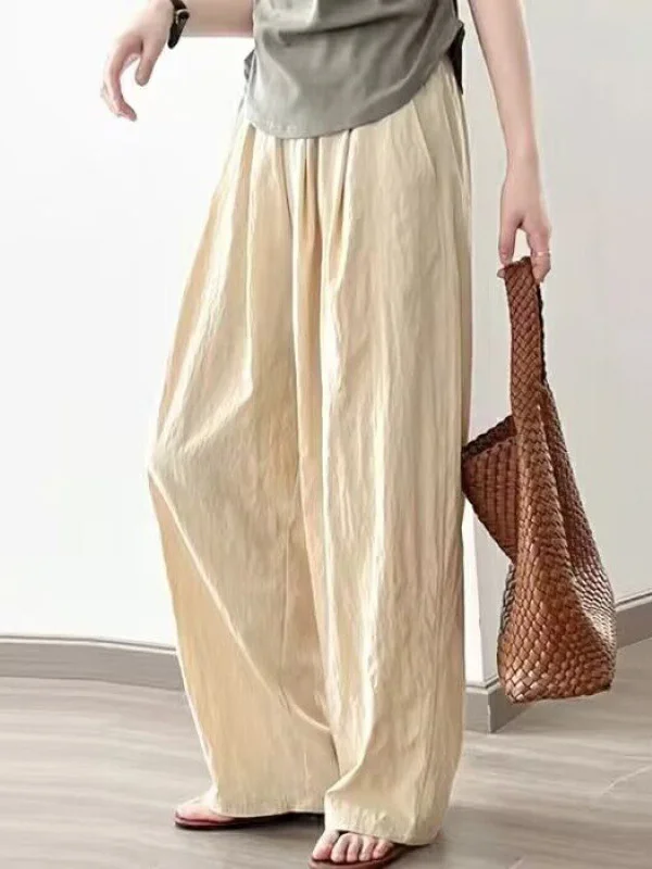 Elasticity Pleated Pockets Solid Color High Waisted Loose Trousers Pants