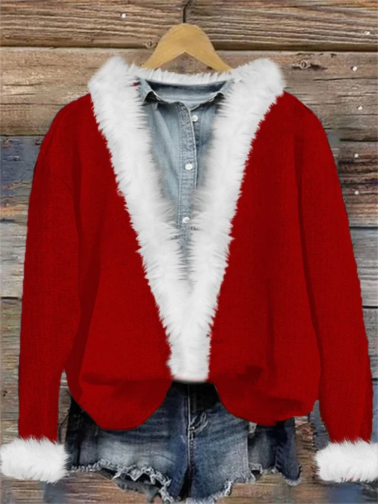 Women's fur red Christmas cardigan