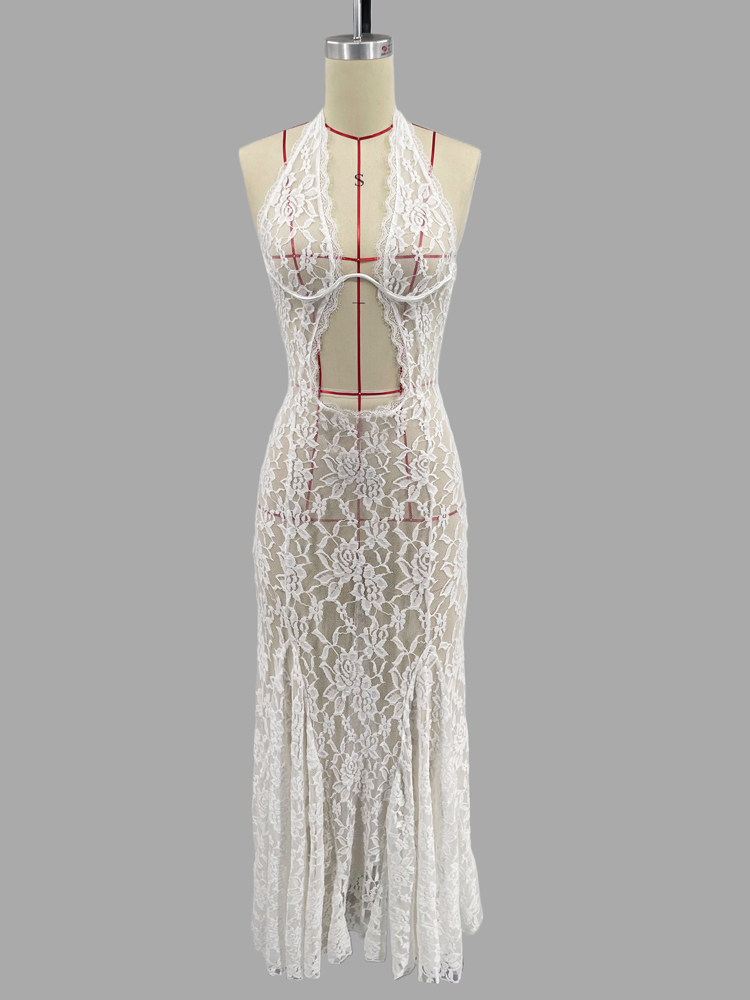  Hollow Out Lace Sexy Long Dress For Women See-Through Sleeveless Backless Fashion Printed Party Dress Summer Maxi Dress