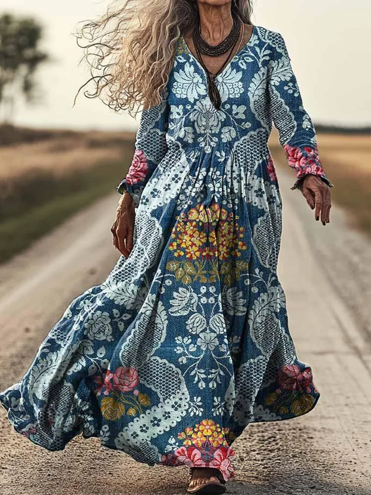 Women's Ethnic Floral Art Print Pocket Cotton Dress