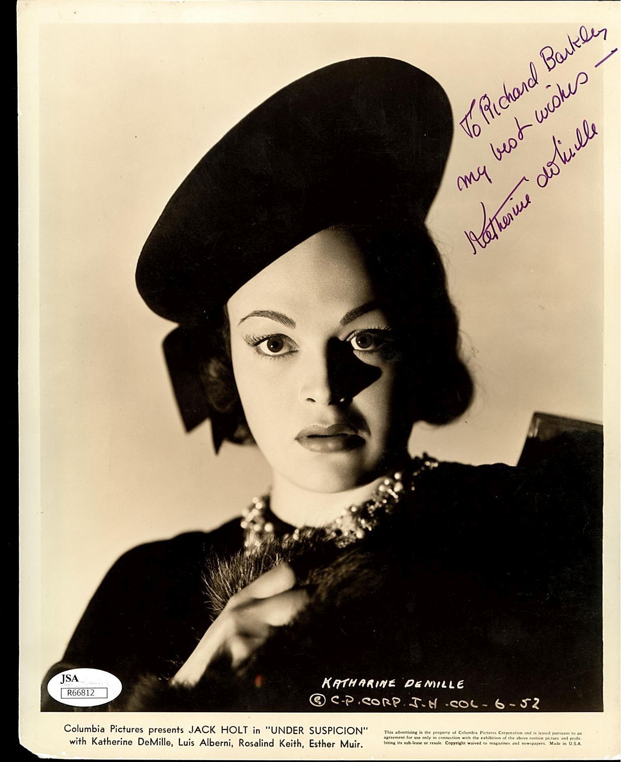 KATHERINE DEMILLE, (DECEASED) SIGNED 8X10 JSA AUTHENTICATED COA #R66812