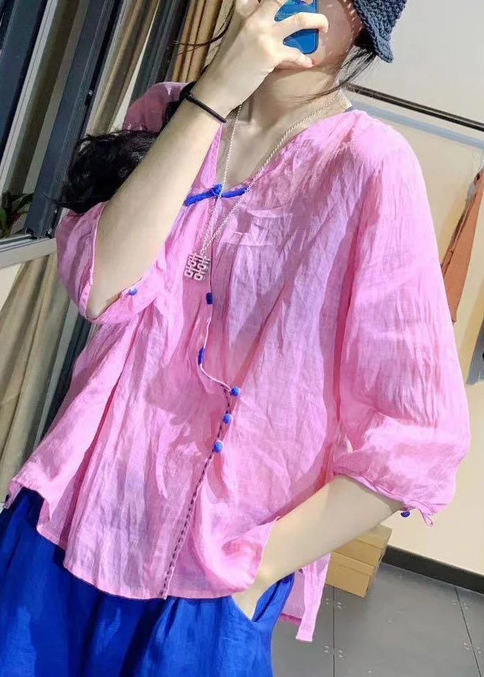 French Pink V Neck Button Cotton Shirt Bracelet Sleeve