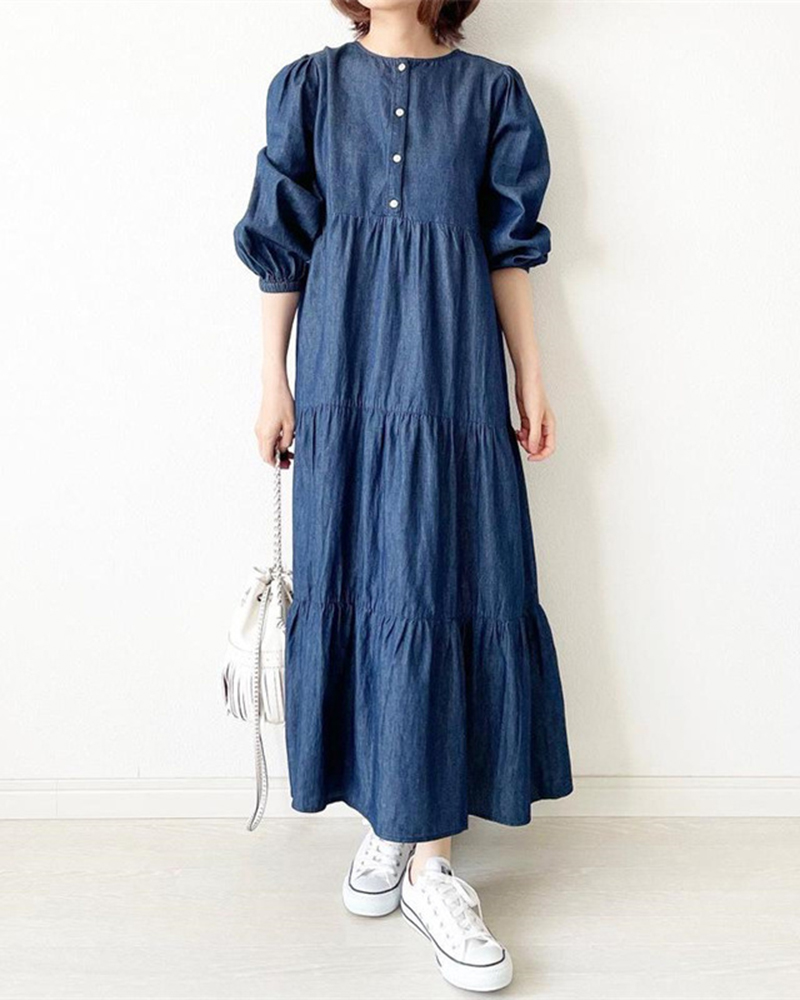 Tiered Design Puffy Three Quarter Sleeve Round Neck Midi Dress