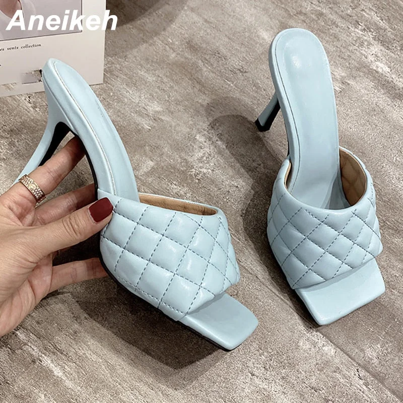 Aneikeh NEW Sexy PU Diamond Square Head Peep Toe Thin High Heels Slippers Summer Fashion Slip On Slides Women Mules Party Shoes