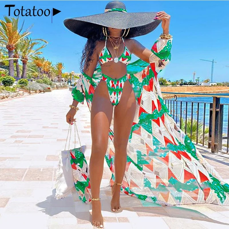Totatoop Women 3 Piece Bikini Sets 2021 Sexy Floral Print Boho Long Cover Up Swimsuit Swimwear Bra Push Up Beachwear Cardigan