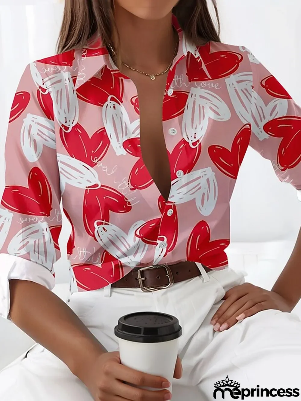 Women's Shirt Blouse Heart Valentine's Day Casual Going out Red Blue Purple Print Button Long Sleeve Fashion Shirt Collar Regular Fit Spring & Fall