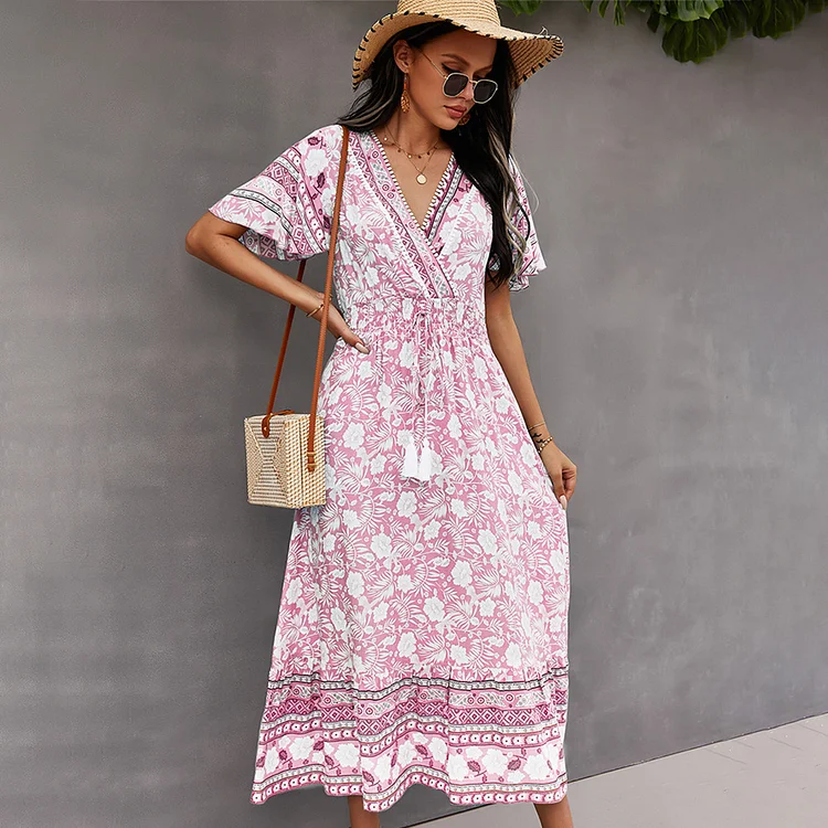 Women Flare Sleeve Casual V Neck Tassel Bandage Print Vacation Dresses