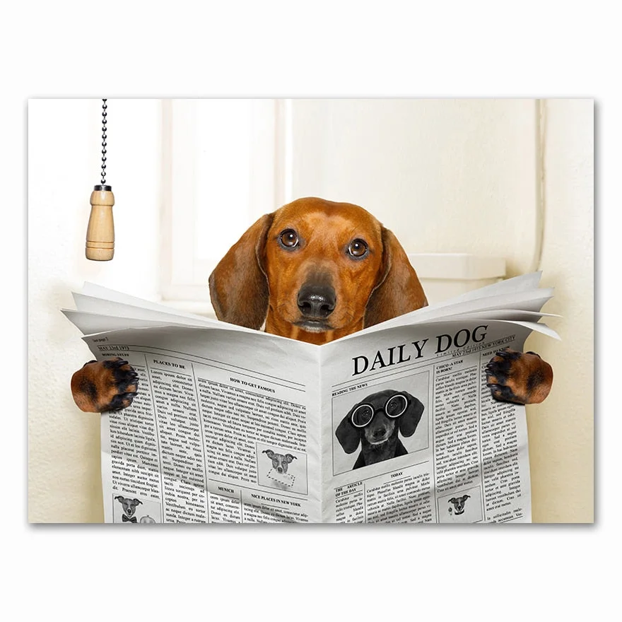 Dog Reading Newspaper Toilet Wall Art Canvas  Prints Funny Dog Painting Wall Picture Home Bathroom Decor Dogs Lover Gift