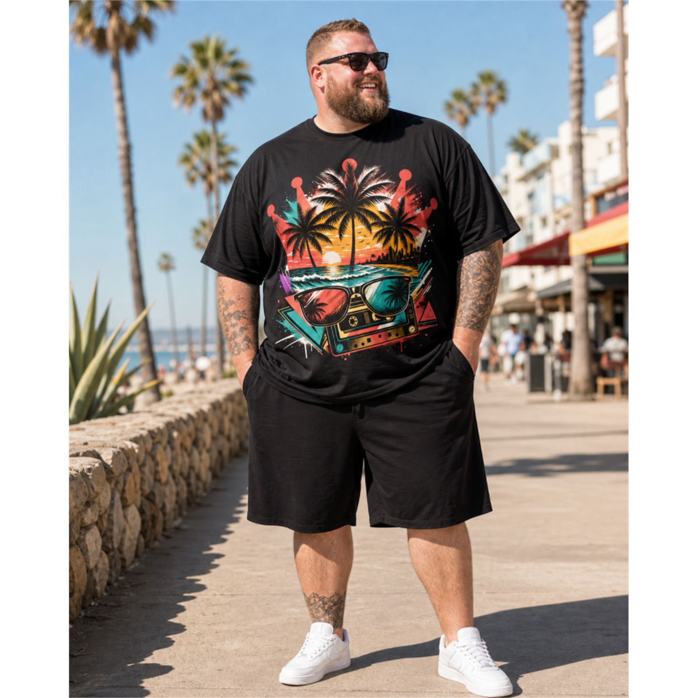 Hawaiian Men's Plus Size Tropical Sunset Palm Tree Print Short Sleeve T-Shirt and Shorts Set