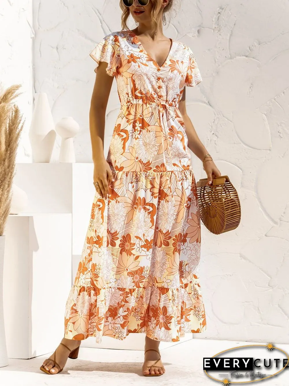 V-neck Floral Print Maxi Dress P16236