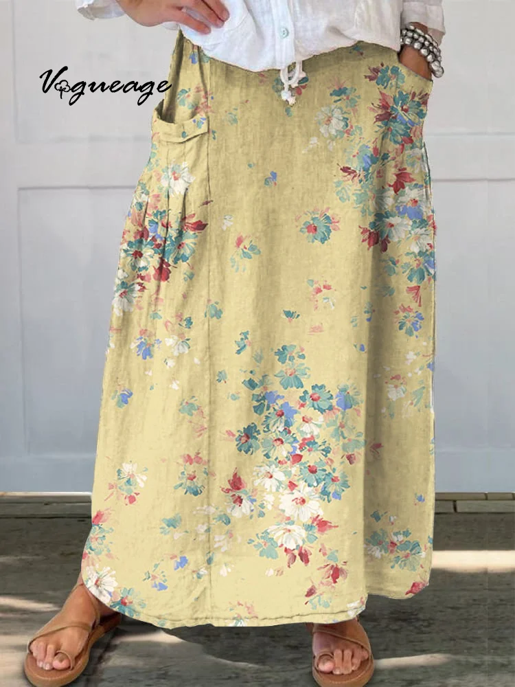 Artistic Ink Flowers Printed Women's Casual Cotton And Linen Skirt