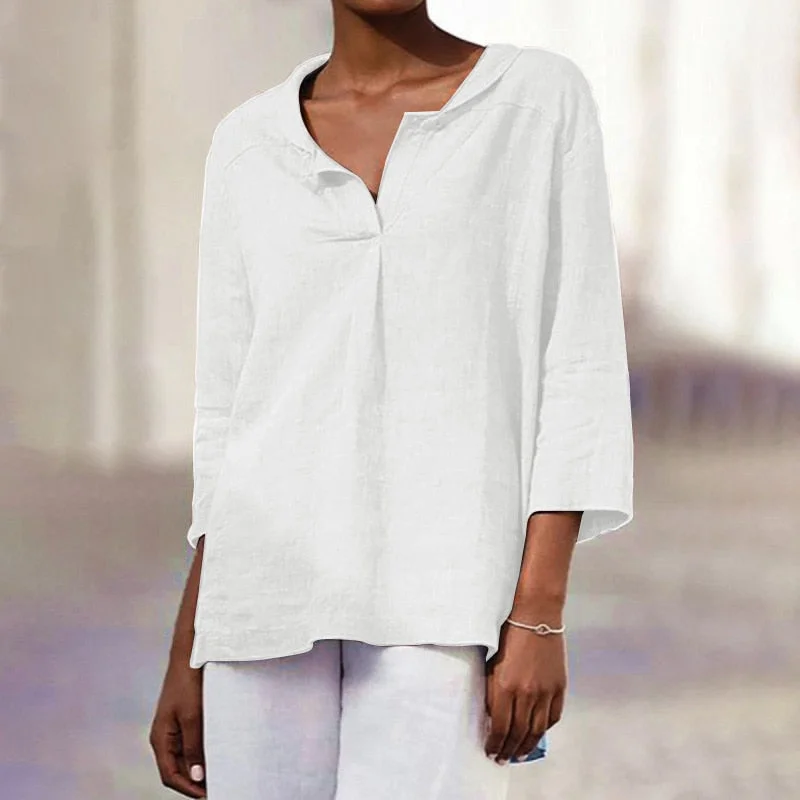 Back to school  Casual V Neck 3/4 Sleeveless Loose Blouse Vintage Harajuku Solid Cotton Shirts Women Summer Oversized Basic Top Chic Clothing