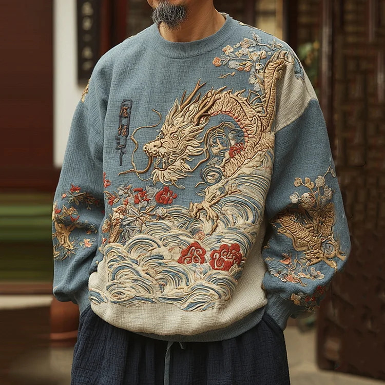Men's Japanese Dragon And Wave Art Print Sweatshirt