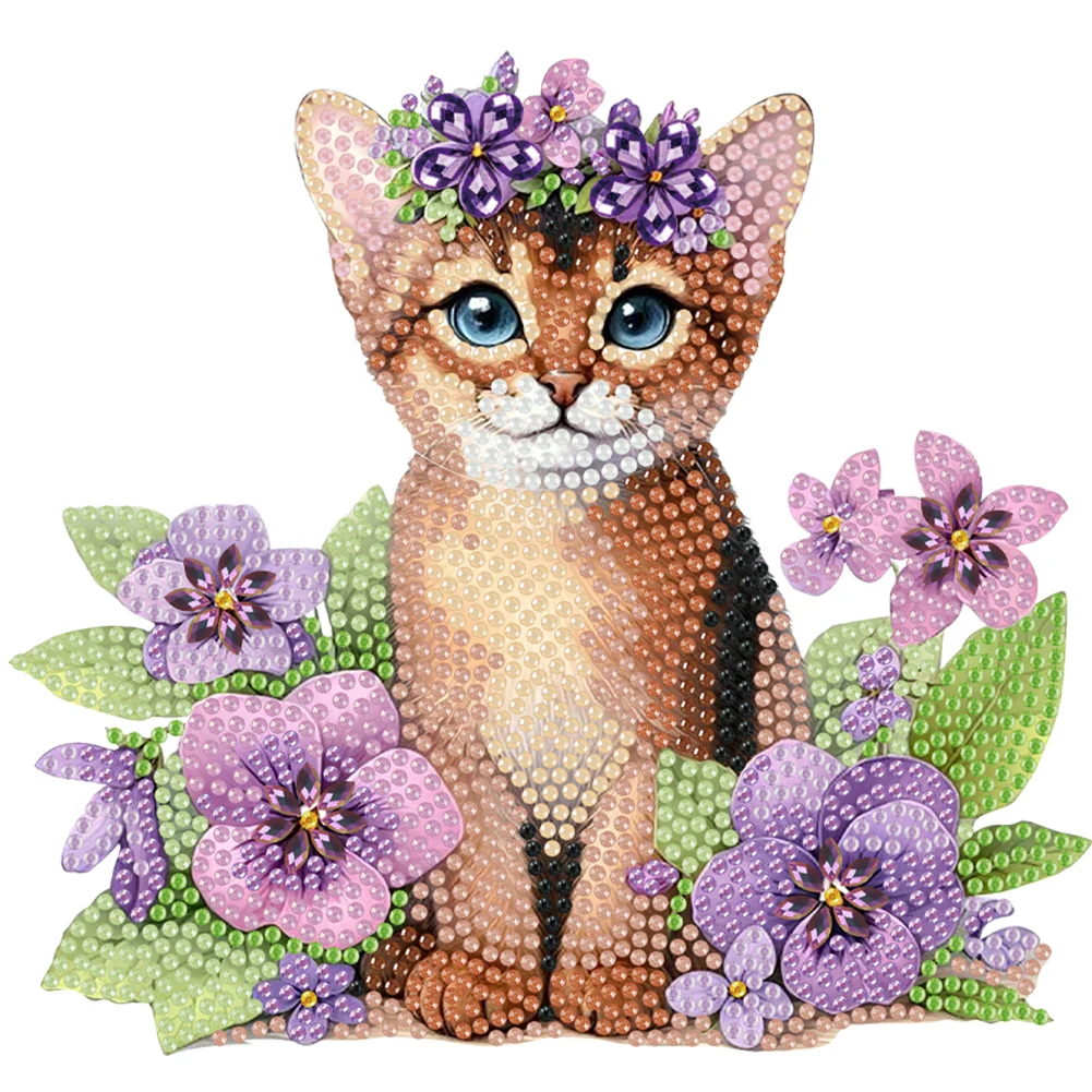 2D Flat Cat DIY Shaking Head Cat Purple Flower Diamond Painting Desktop Decor