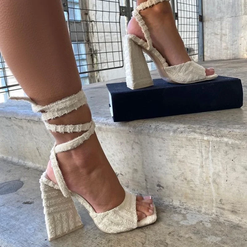 Triangle High Heels Women Sandals Summer 2022 Corduroy Square Toe Sandalias Ladies Pump Cross Lace Up Female Wedding Party Shoes