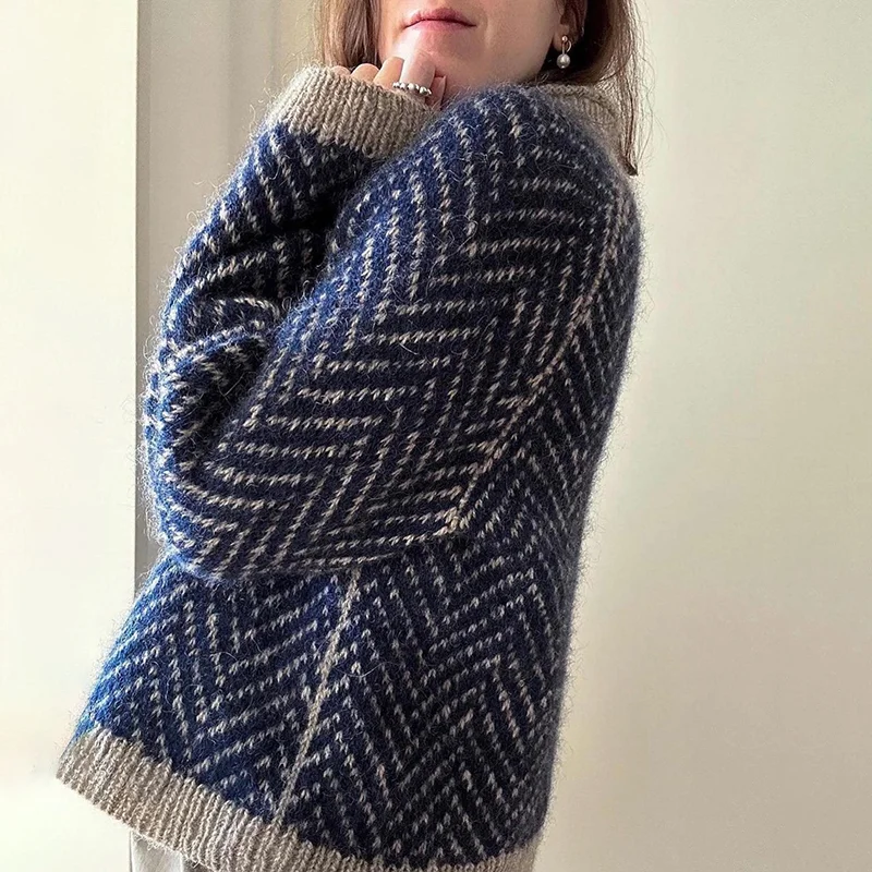 Casual Retro Herringbone Turtleneck Sweater