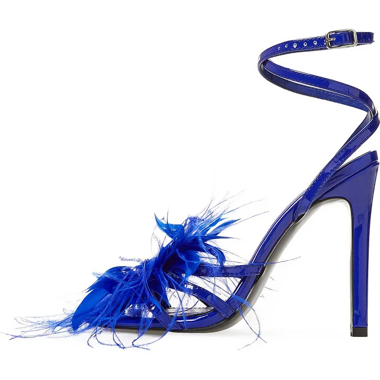 Blue Open Toe Feather & Crystal Decor Strappy High Heel Sandals |FSJ Shoes