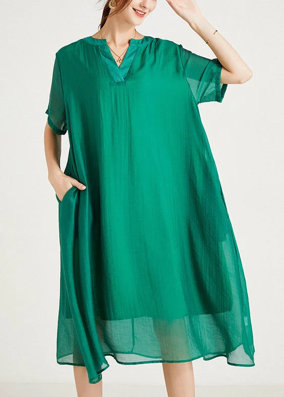 Women Green V Neck Plus Size Cotton Dresses Summer