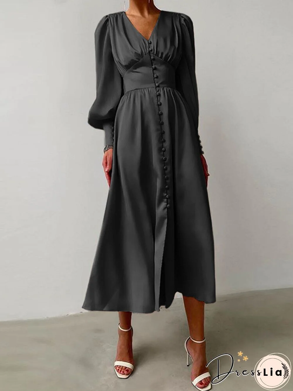 Solid Color Patchwork Puff Sleeves V-neck Satin Casual Dress