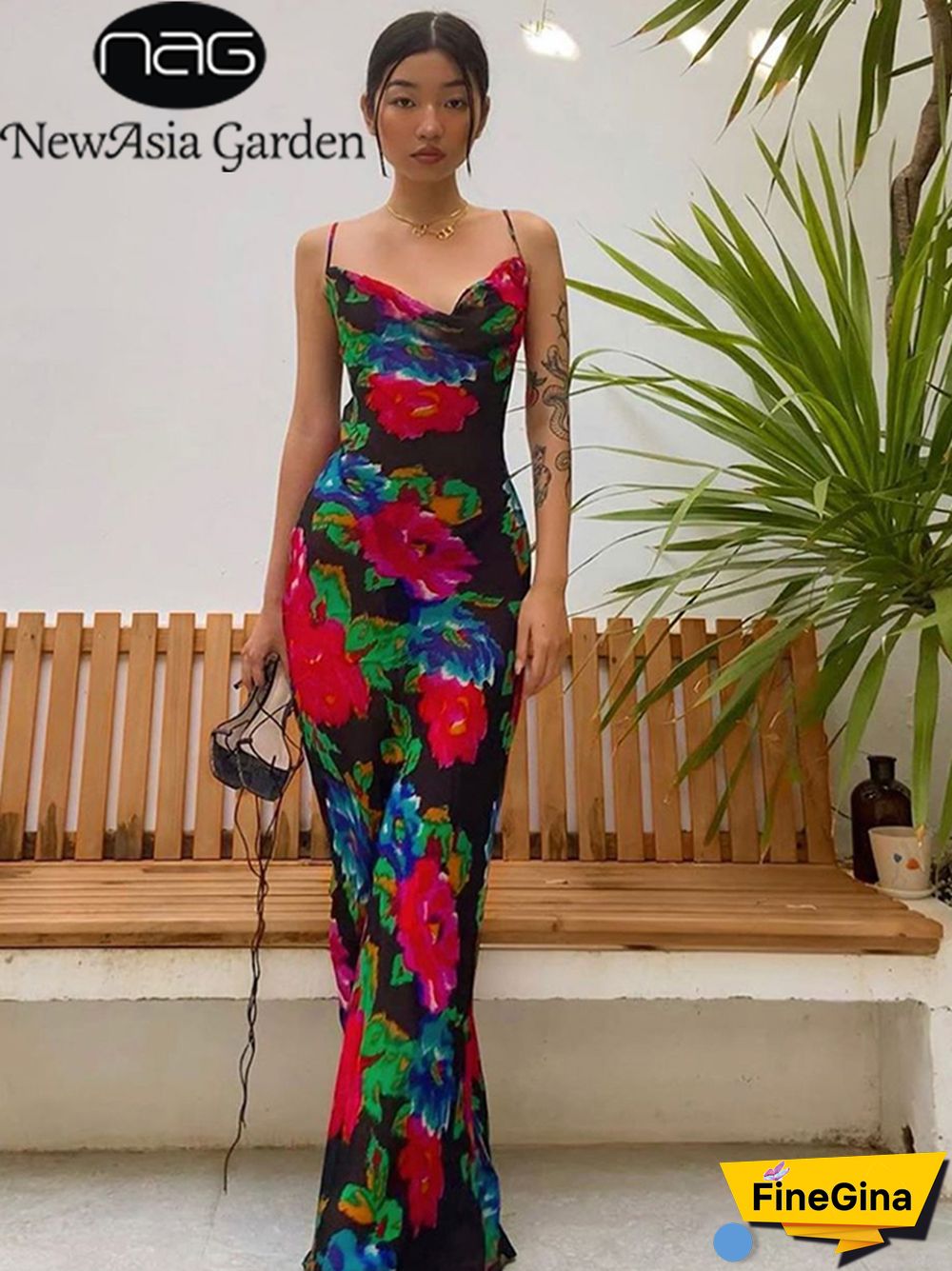 NewAsia Floral Maxi Dress Women Cowl Neck Spaghetti Strap Backless Print Beach Dresses Woman Party Night Sexy Long Dress Black