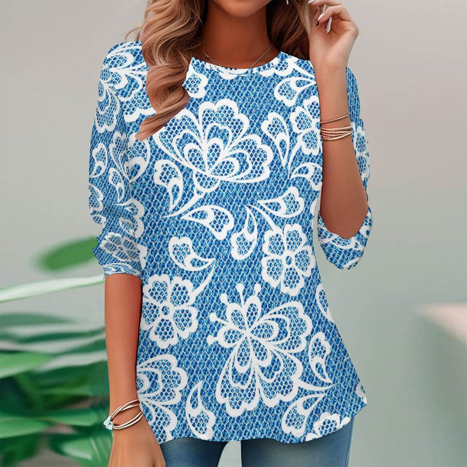 Women Long Sleeve V-neck Graphic Floral Printed Top