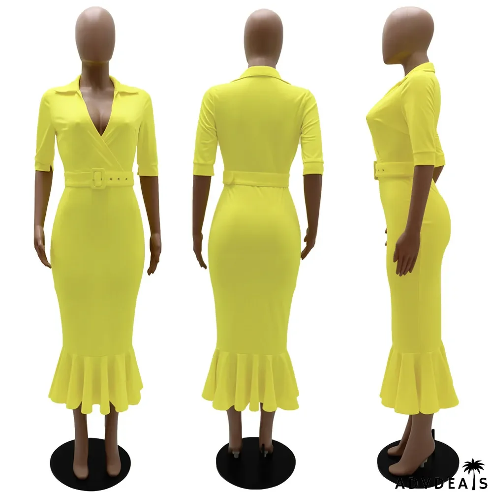 Solid Color Ruffles Waist Belt Midi Dress