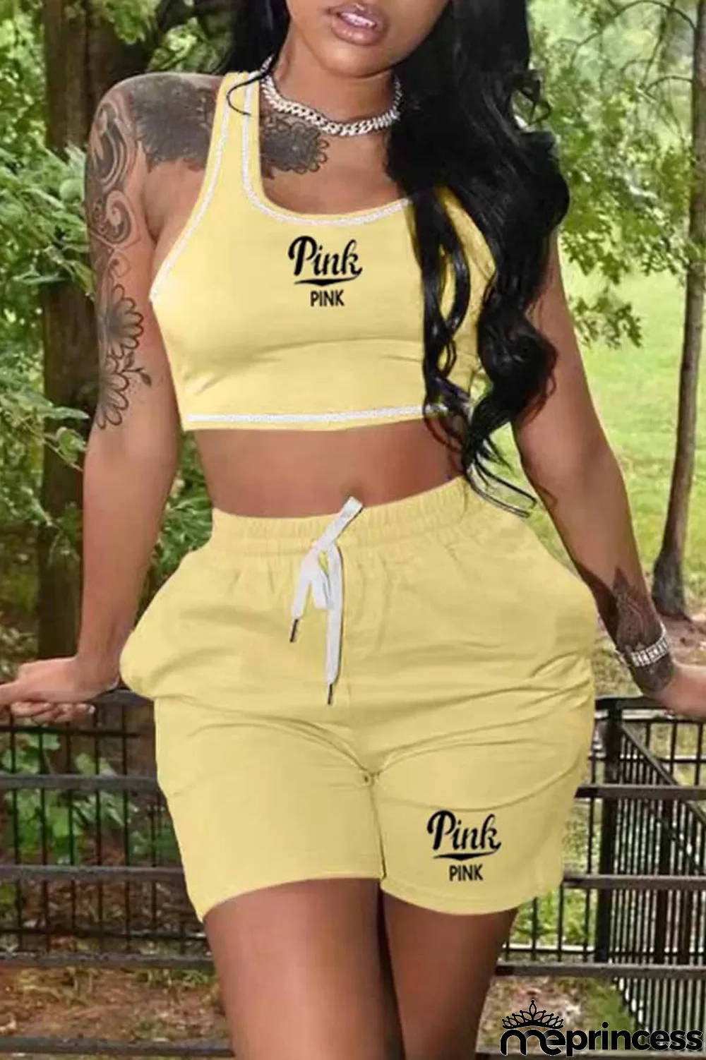 Yellow Casual Print Letter U Neck Sleeveless Two Pieces