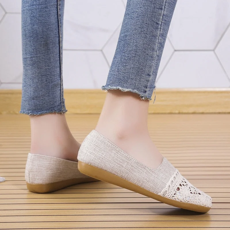 Hollow Out Breathable Loafers For Women 2022 Summer Canvas Soft Sole Ballet Flats Ladies Comfortable Slip On Casual Shoes Woman